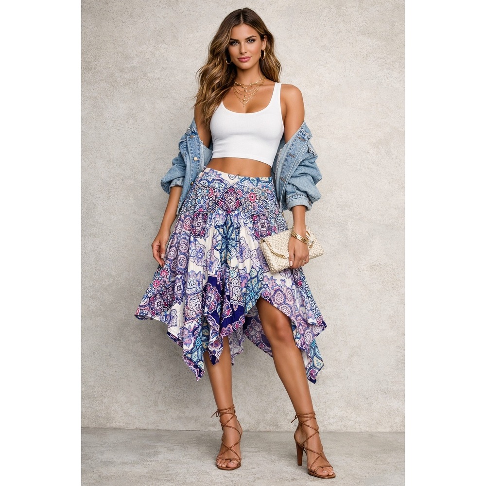 Chicos Skirt Womens‎ M White Blue Floral Paisley Asymmetrical Fairy Handkerchief